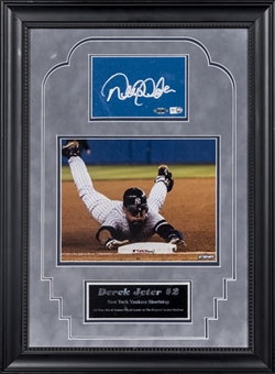 Derek Jeter Signed Piece Of Yankee Stadium Outfield Wall Panel With Photo In 17x23 Framed Display (MLB Authenticated & Steiner)